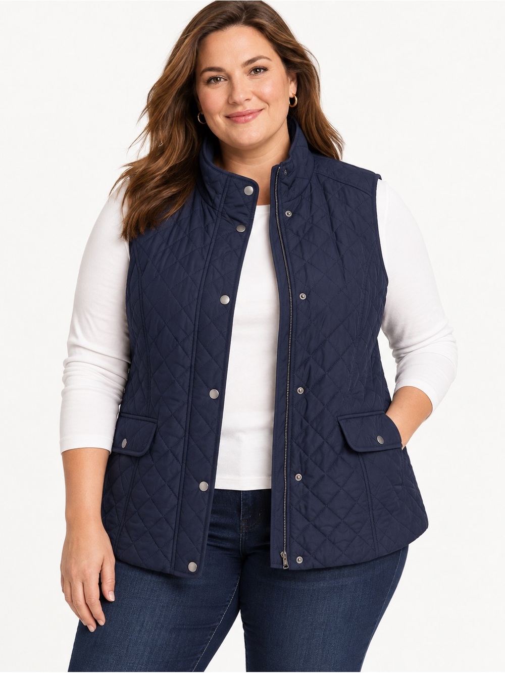 Talbots Plus 0X Navy Quilted Fleece Lined Vest Zip Snap Pockets